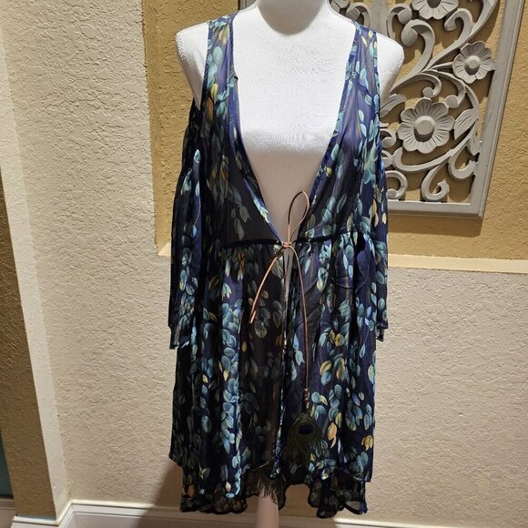 Blu Heaven Duster Cardigan Large Blue Floral Open-Shoulder Boho Garden Fairy NEW - Picture 2 of 10